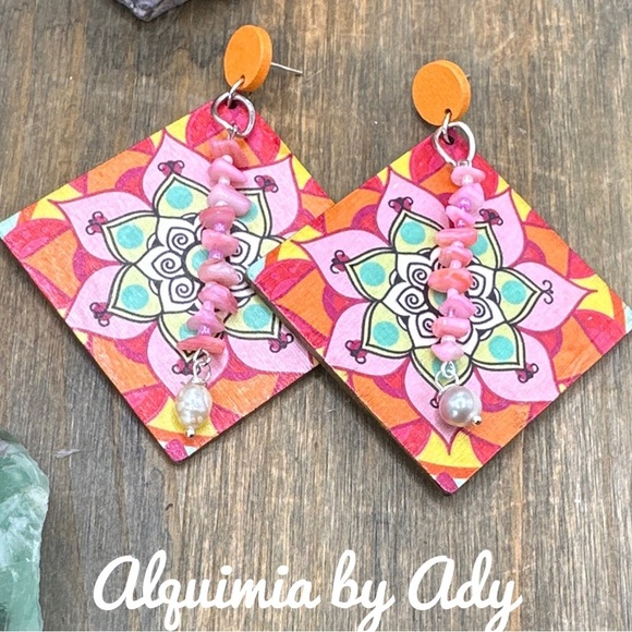 Pink mother of pearl chunky dangle earrings extra long freshwater pearl colorful - Picture 1 of 4